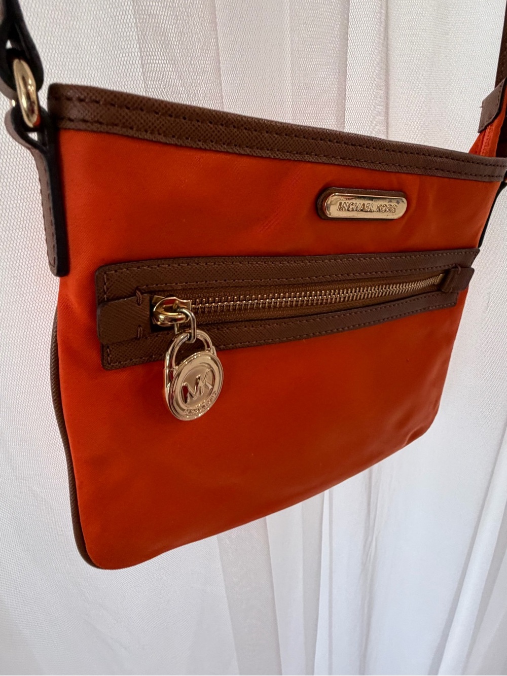 Michael Kors Orange Nylon Crossbody with Brown Trim and Gold Hardware